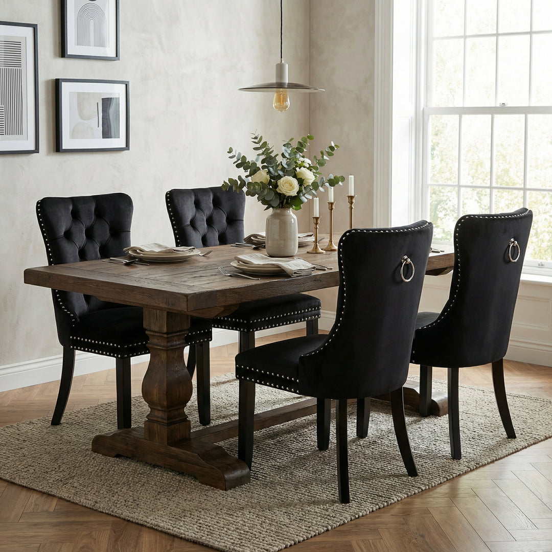 Set of 4 dining chairs velvet black tufted with solid wood legs, nailheads and back chrome ring BREEZEOLOGY