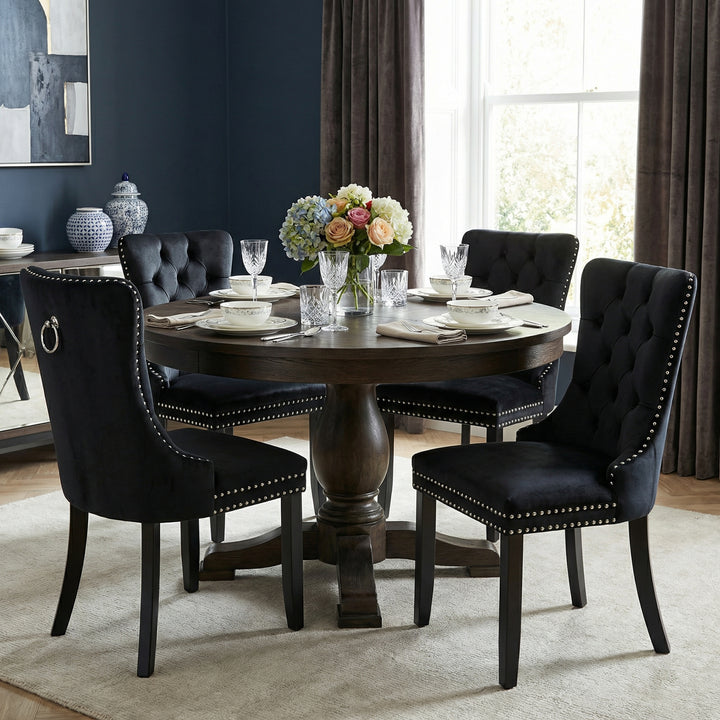Set of 4 dining chairs velvet black tufted with solid wood legs, nailheads and back chrome ring BREEZEOLOGY
