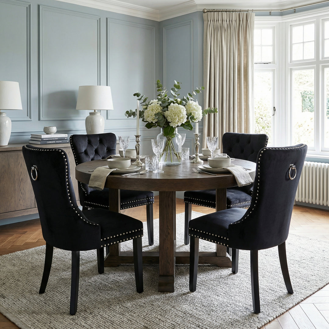 Set of 4 dining chairs velvet black tufted with solid wood legs, nailheads and back chrome ring BREEZEOLOGY