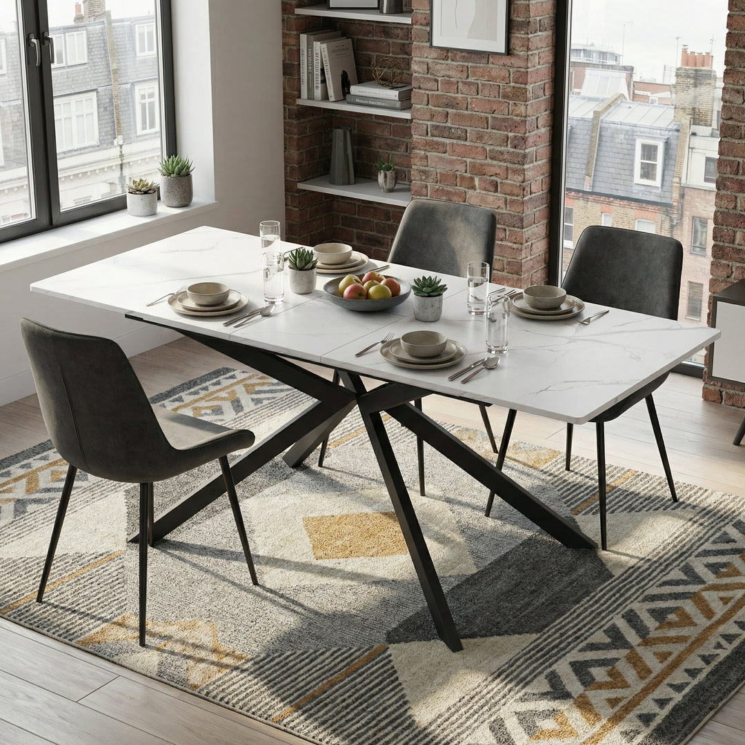 White rectangular marble look extendable dining table 150-180x70cm OBSIDIANIV