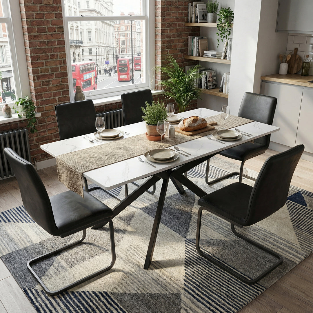 White rectangular marble look extendable dining table 150-180x70cm OBSIDIANIV