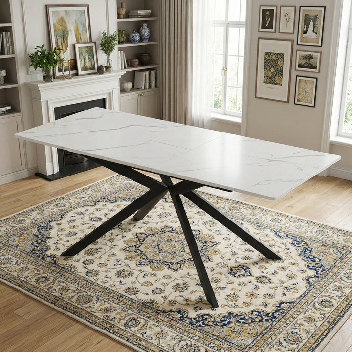 White rectangular marble look extendable dining table 150-180x70cm OBSIDIANIV