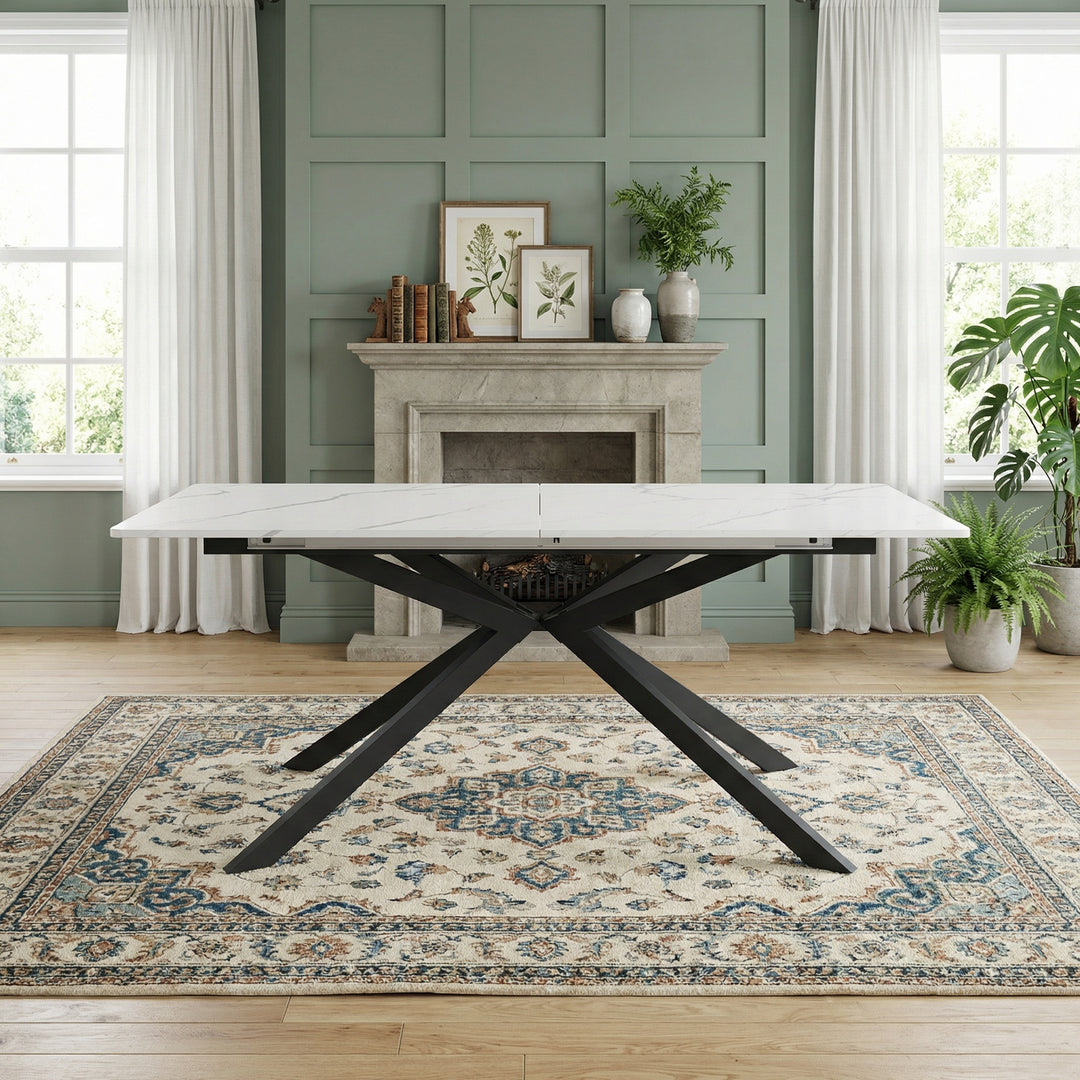 White rectangular marble look extendable dining table 150-180x70cm OBSIDIANIV