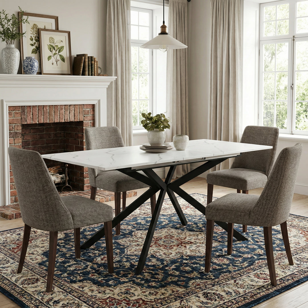 White rectangular marble look extendable dining table 150-180x70cm OBSIDIANIV