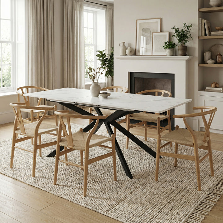 White rectangular marble look extendable dining table 150-180x70cm OBSIDIANIV