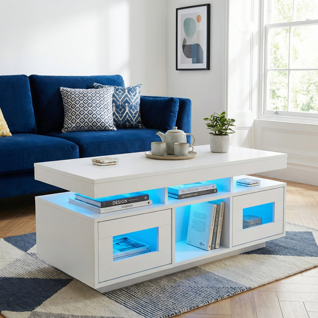 Modern white high gloss coffee table with LED lights, USB Ports, 2 doors 100x50x43cm ELEMENTALFY