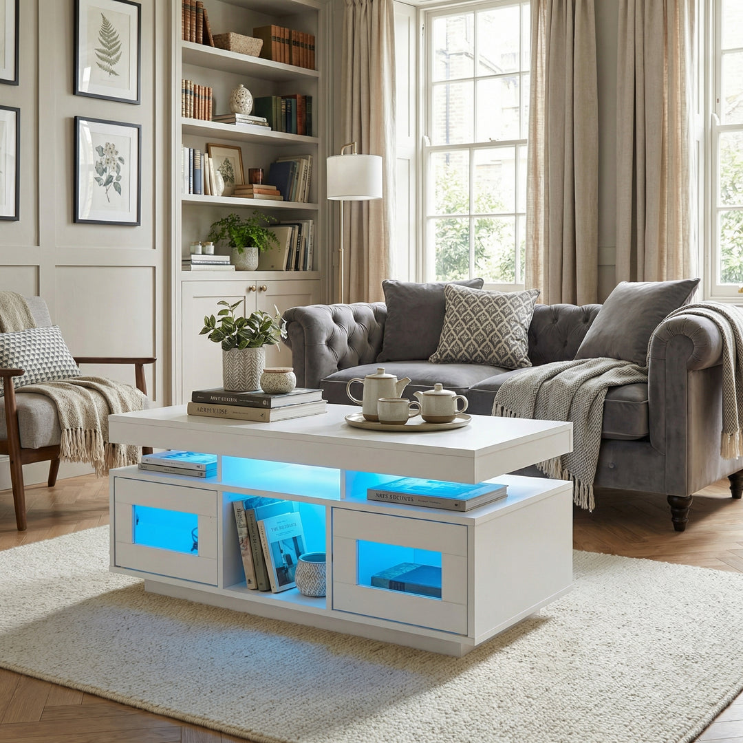 Modern white high gloss coffee table with LED lights, USB Ports, 2 doors 100x50x43cm ELEMENTALFY