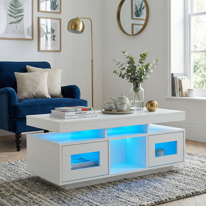 Modern white high gloss coffee table with LED lights, USB Ports, 2 doors 100x50x43cm ELEMENTALFY