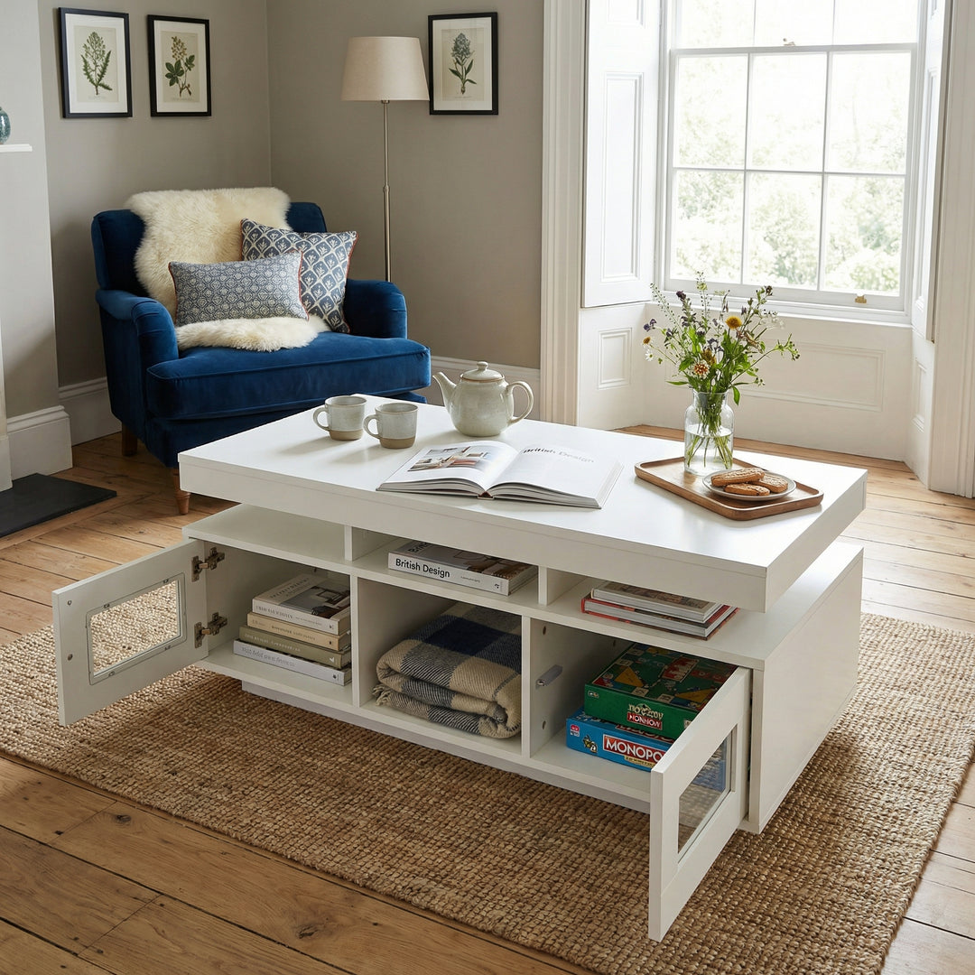 Modern white high gloss coffee table with LED lights, USB Ports, 2 doors 100x50x43cm ELEMENTALFY