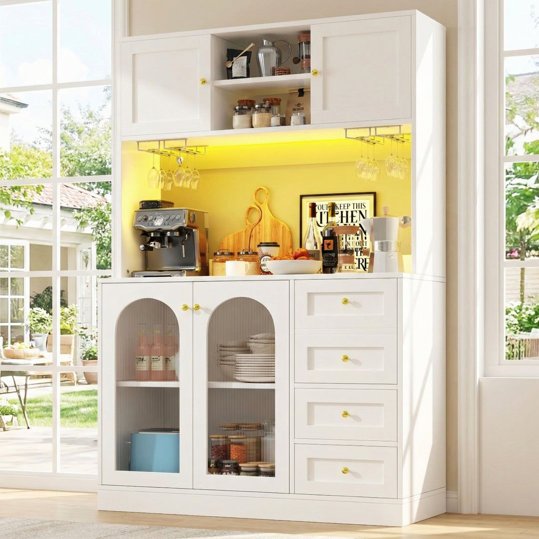White kitchen hutch with fluted glass 4 doors and LED lighting 120x40x188cm SERENEION
