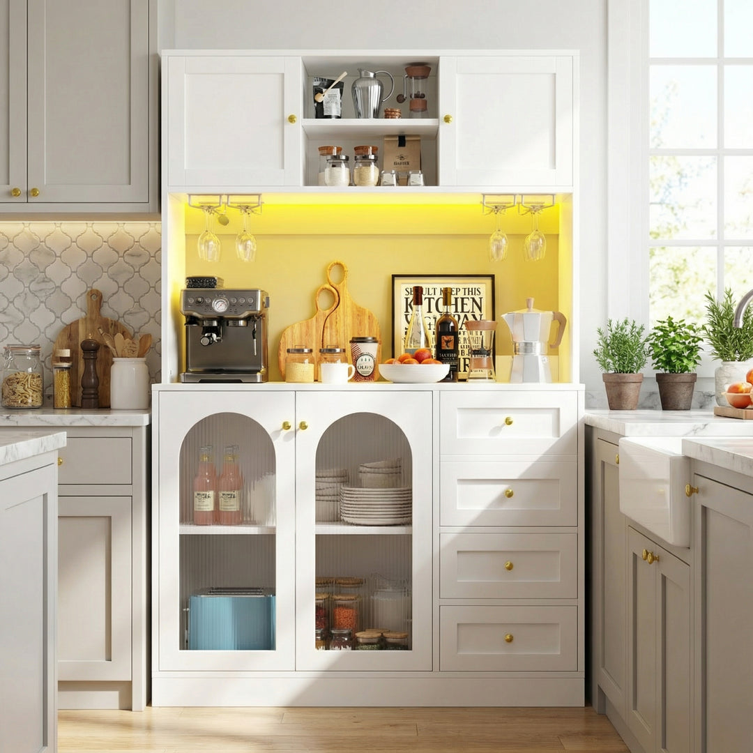 White kitchen hutch with fluted glass 4 doors and LED lighting 120x40x188cm SERENEION