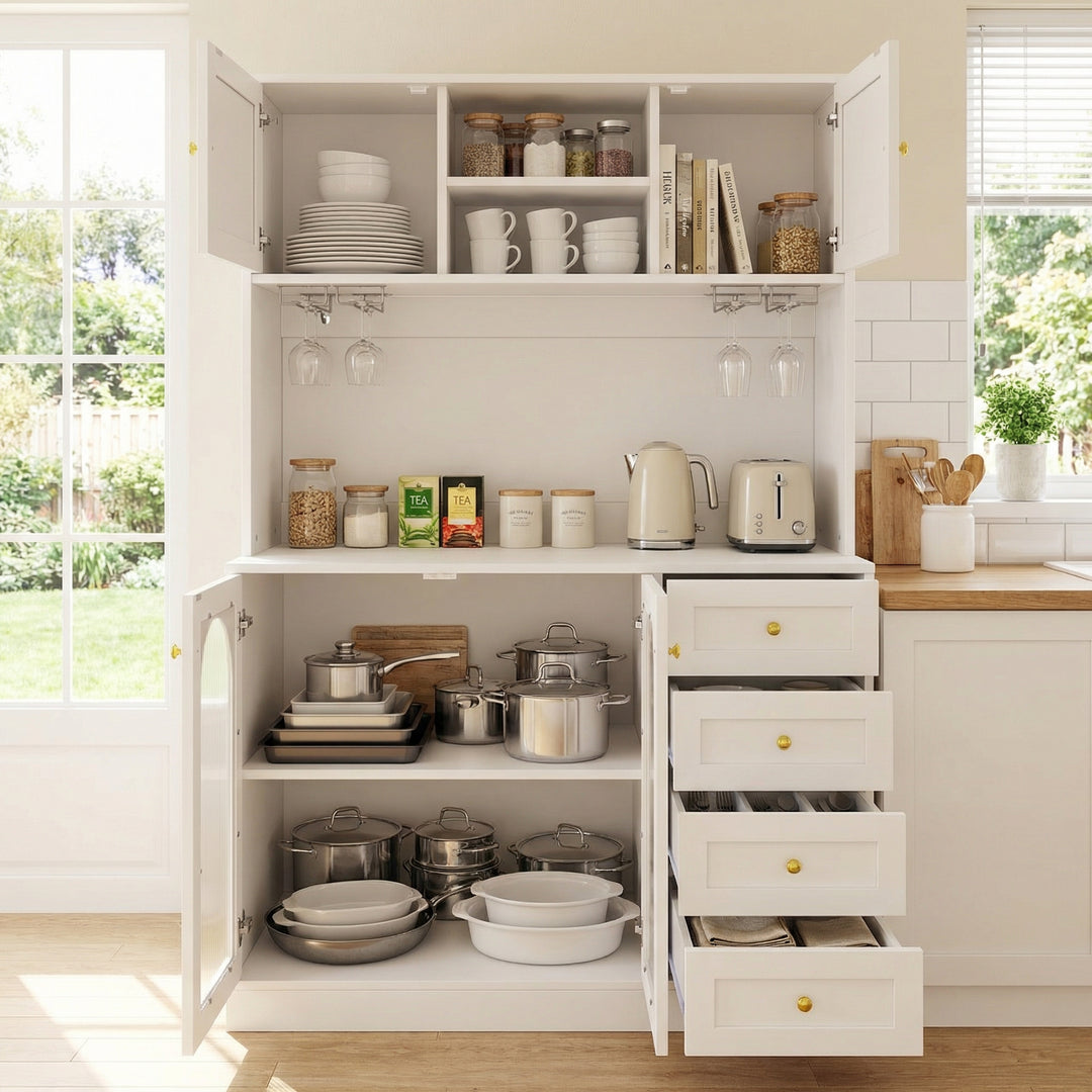 White kitchen hutch with fluted glass 4 doors and LED lighting 120x40x188cm SERENEION