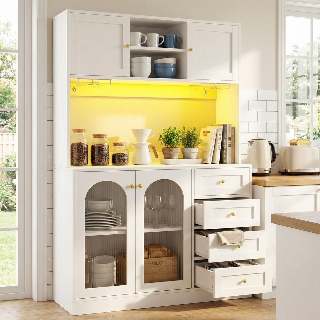 White kitchen hutch with fluted glass 4 doors and LED lighting 120x40x188cm SERENEION