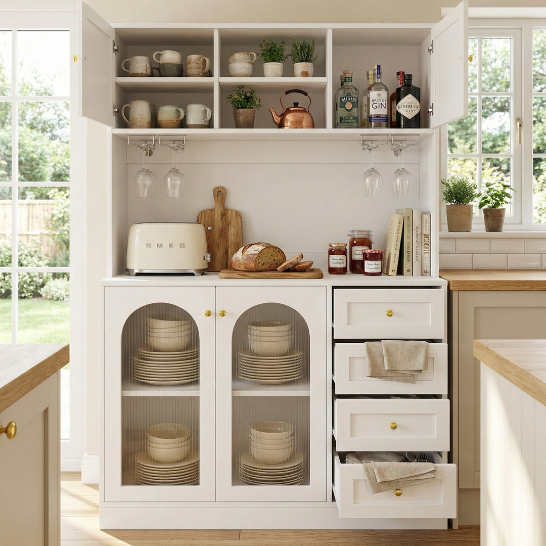 White kitchen hutch with fluted glass 4 doors and LED lighting 120x40x188cm SERENEION