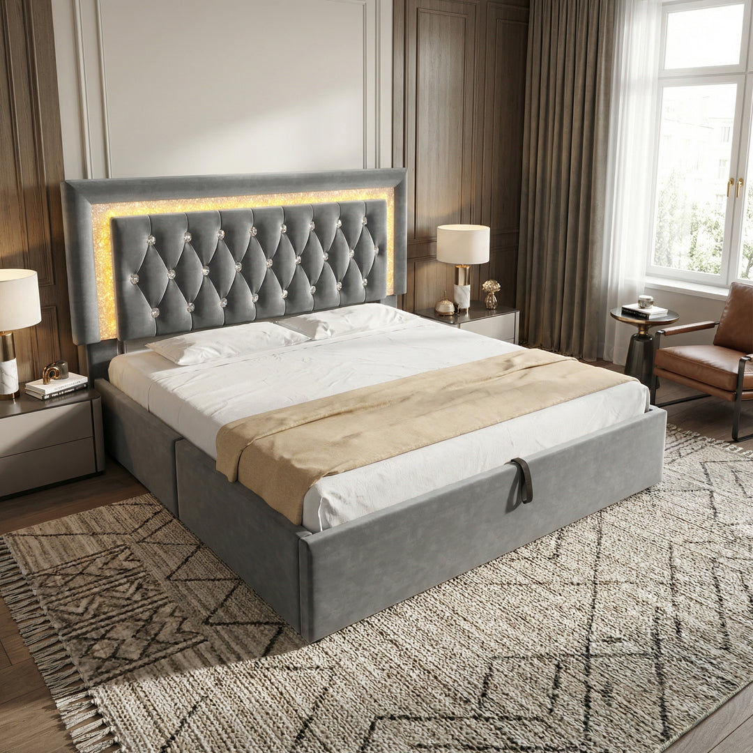 Grey velvet upholstered ottoman double bed ending opening with LED lighting and charging station 150x200cm BREEZEISE