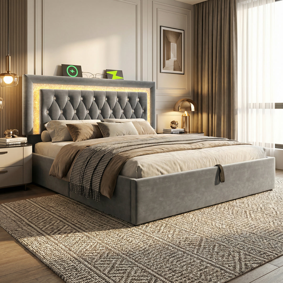 Grey velvet upholstered ottoman double bed ending opening with LED lighting and charging station 150x200cm BREEZEISE