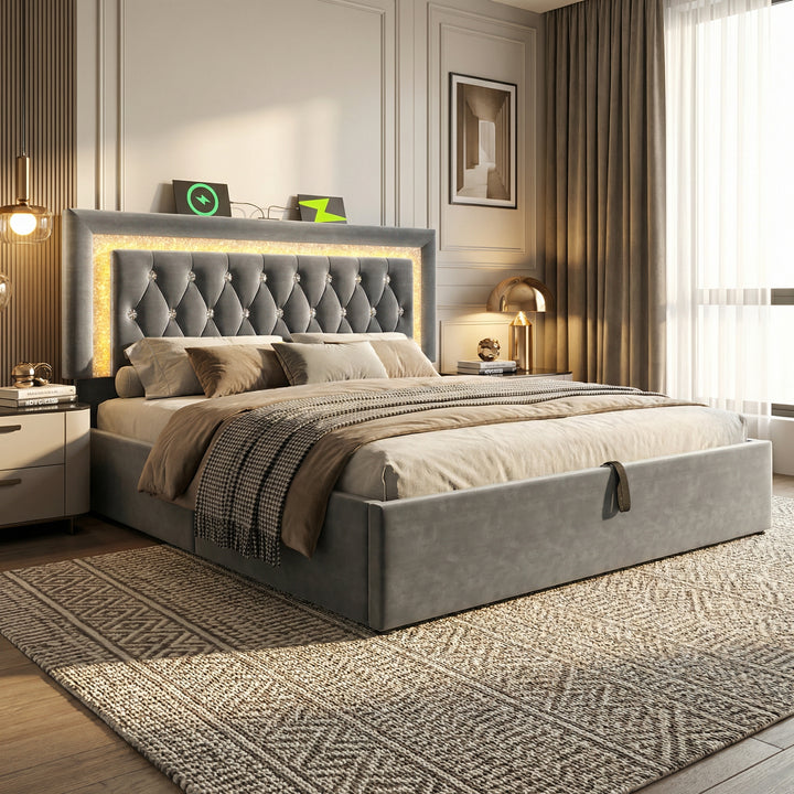 Grey velvet upholstered ottoman double bed ending opening with LED lighting and charging station 150x200cm BREEZEISE