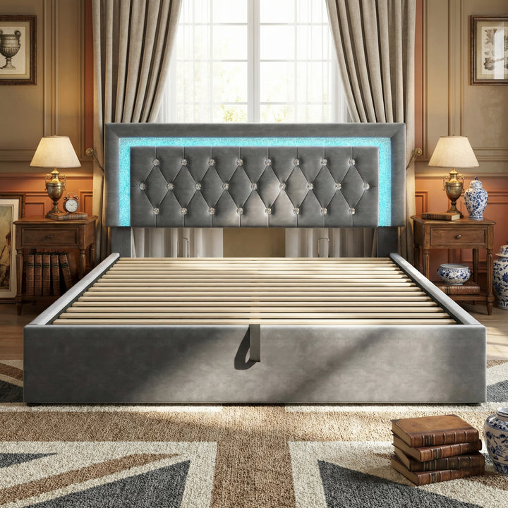 Grey velvet upholstered ottoman double bed ending opening with LED lighting and charging station 150x200cm BREEZEISE