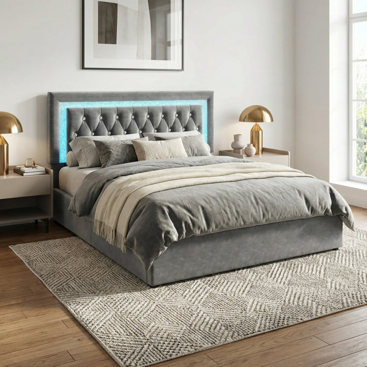 Grey velvet upholstered ottoman double bed ending opening with LED lighting and charging station 150x200cm BREEZEISE