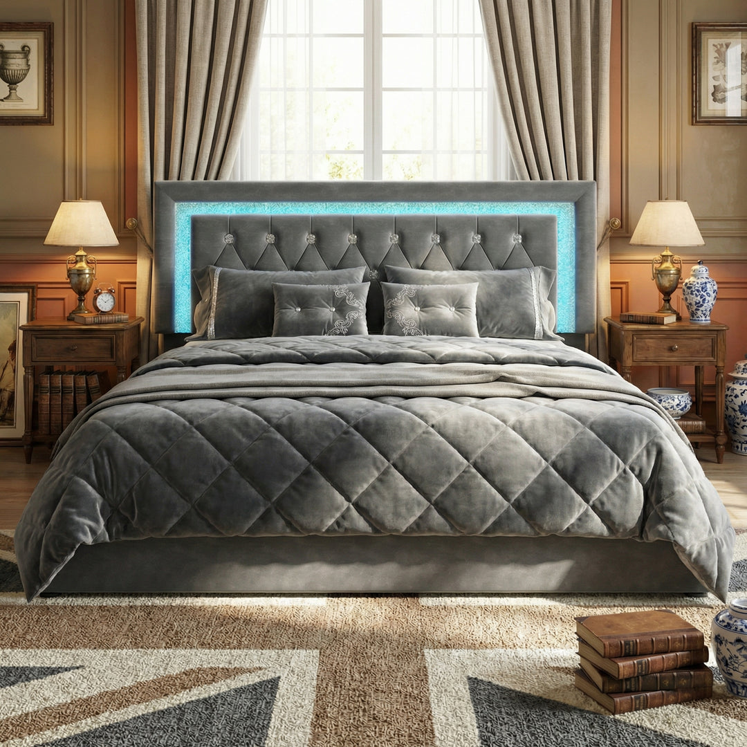 Grey velvet upholstered ottoman double bed ending opening with LED lighting and charging station 150x200cm BREEZEISE