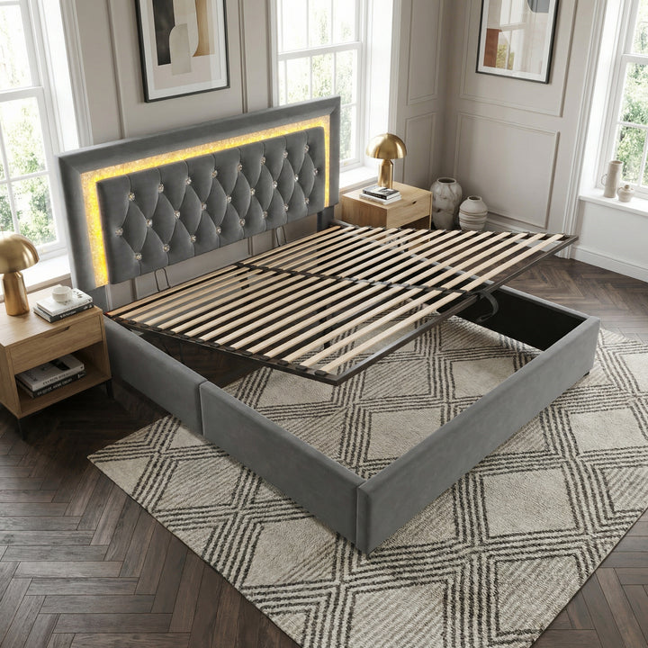 Grey velvet upholstered ottoman double bed ending opening with LED lighting and charging station 150x200cm BREEZEISE