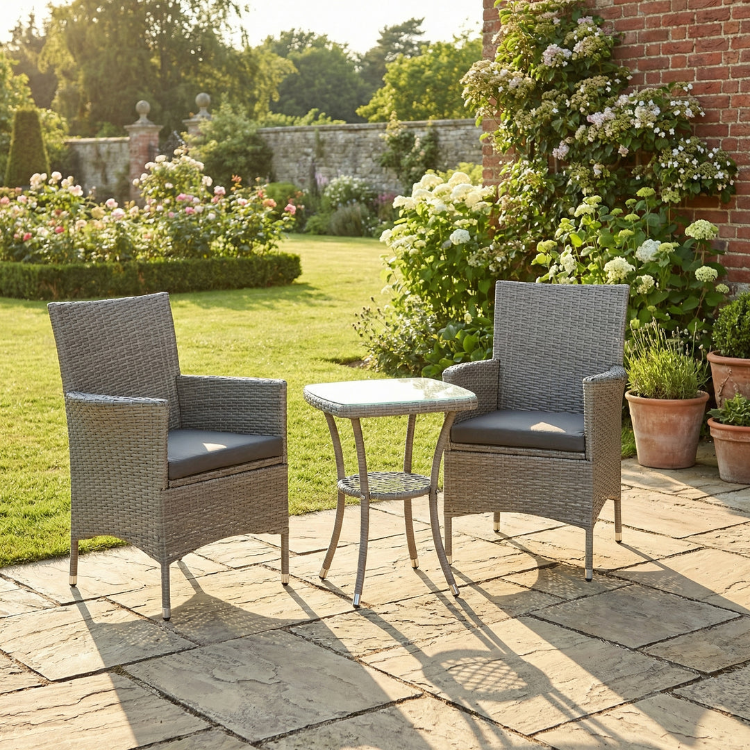 Rattan Bistro Set 3 Pieces Garden Furniture, Grey Wicker Chairs & 2-Tier Glass Table, Cushions ASPIREIFY