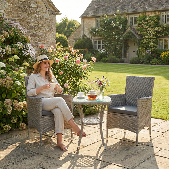 Rattan Bistro Set 3 Pieces Garden Furniture, Grey Wicker Chairs & 2-Tier Glass Table, Cushions ASPIREIFY