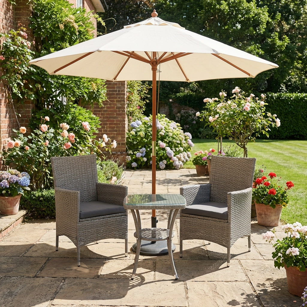 Rattan Bistro Set 3 Pieces Garden Furniture, Grey Wicker Chairs & 2-Tier Glass Table, Cushions ASPIREIFY