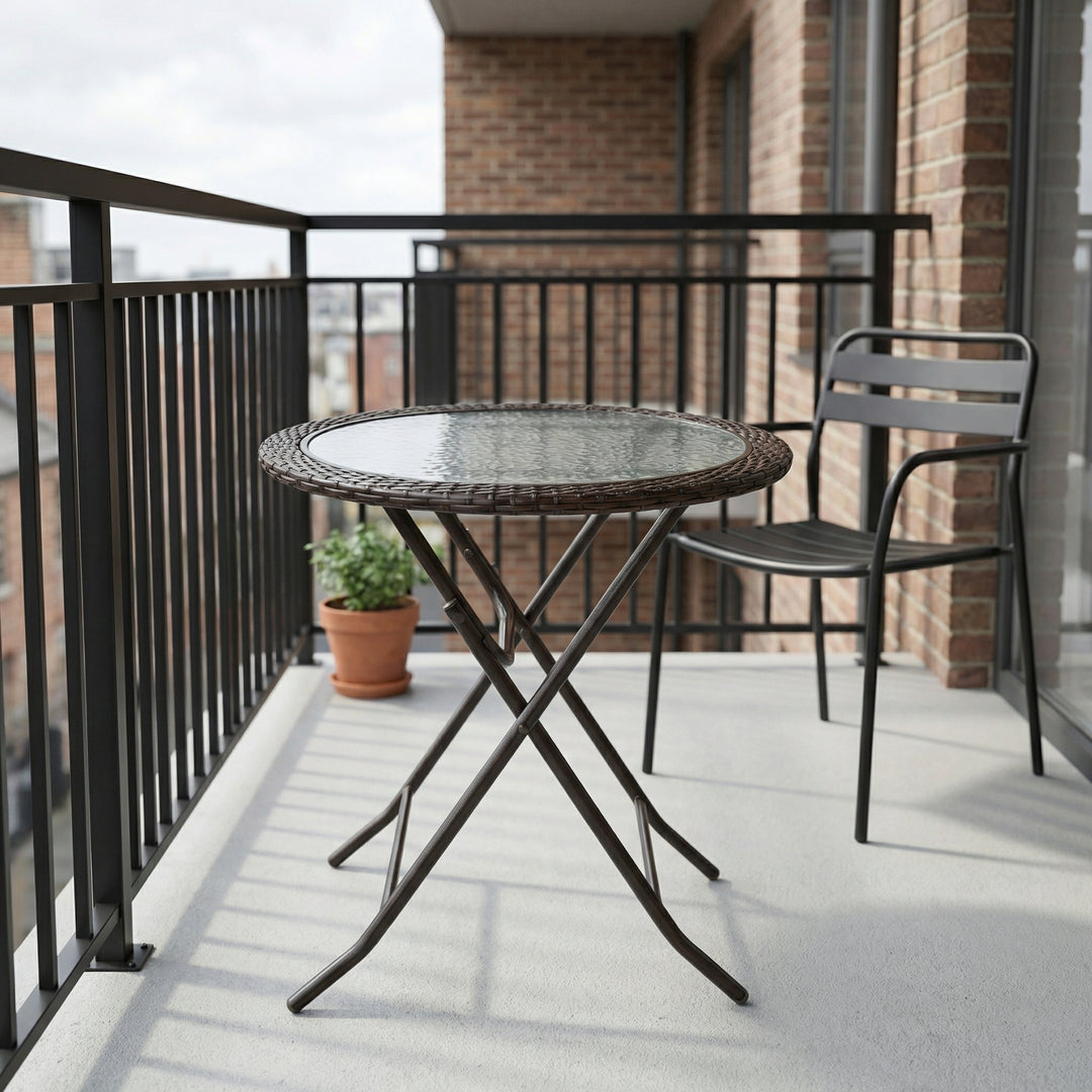 Patio folding tempered glass round table steel frame brown 68cm FLUXNY