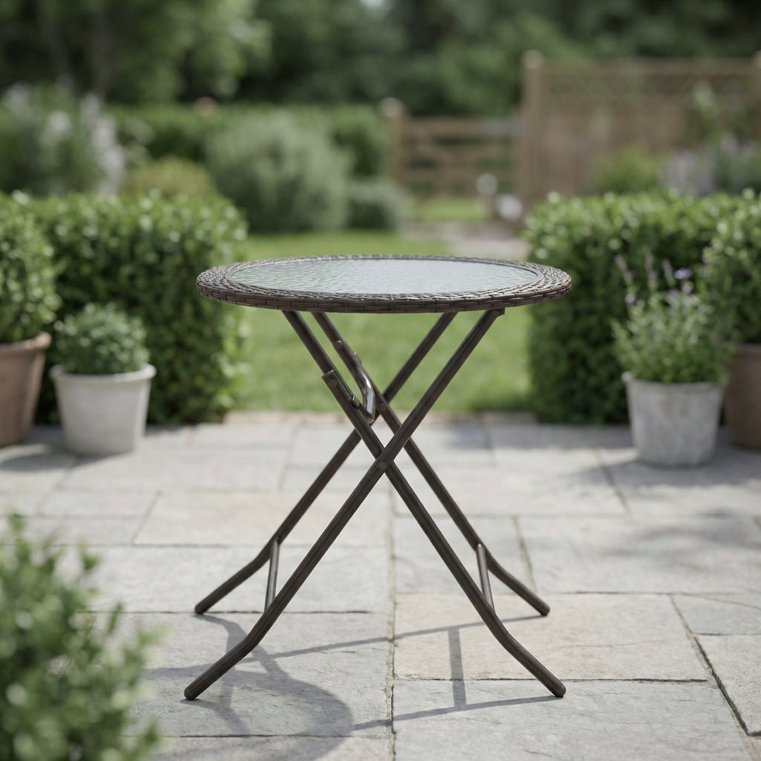 Patio folding tempered glass round table steel frame brown 68cm FLUXNY
