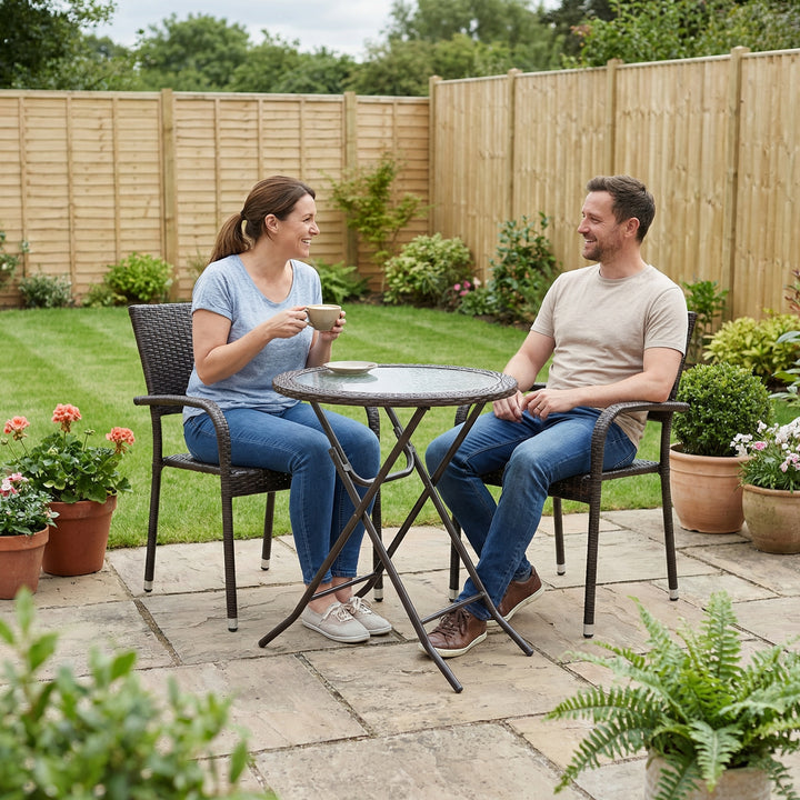 Patio folding tempered glass round table steel frame brown 68cm FLUXNY