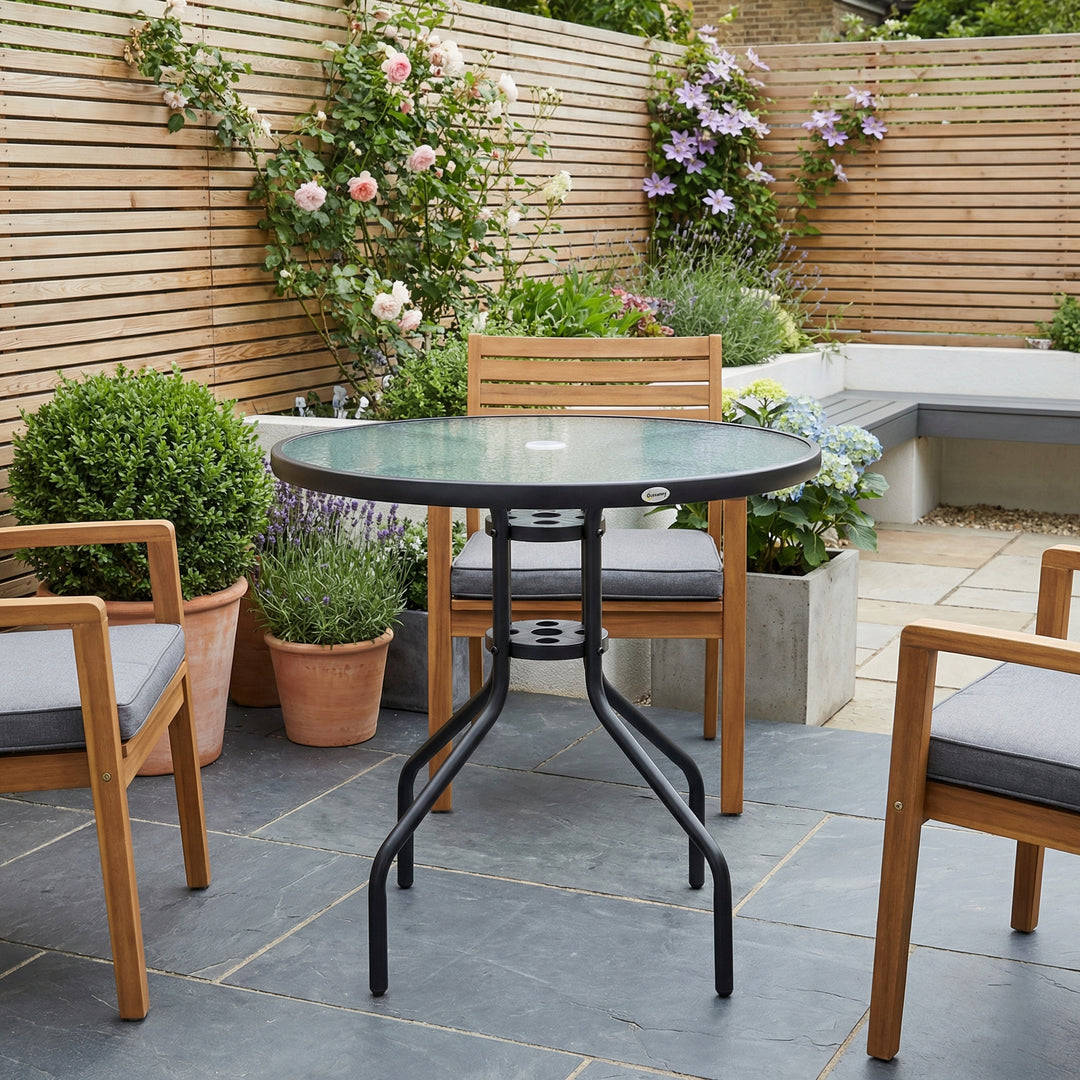 80cm round outdoor dining table black steel frame, tempered glass with parasol hole MATRIXARA