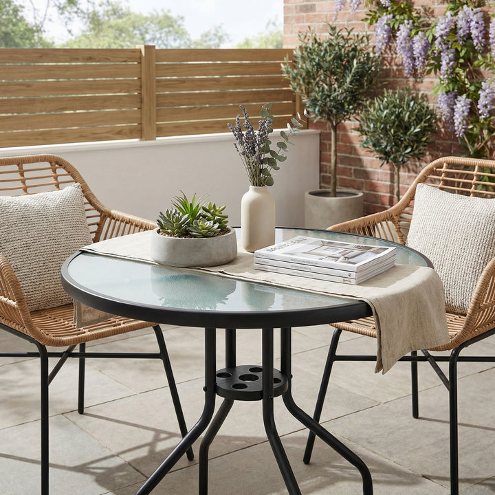 80cm round outdoor dining table black steel frame, tempered glass with parasol hole MATRIXARA