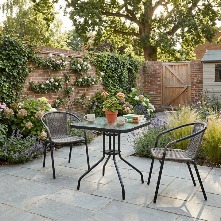 Square garden tempered glass dining table, black steel frame with parasol hole 76x76cm ZENITHION