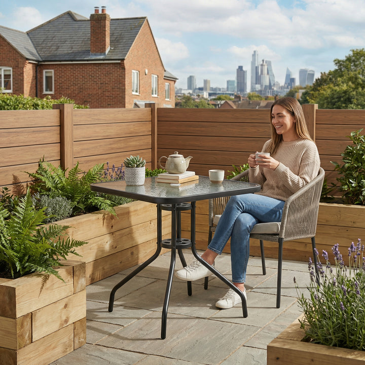 Square garden tempered glass dining table, black steel frame with parasol hole 76x76cm ZENITHION