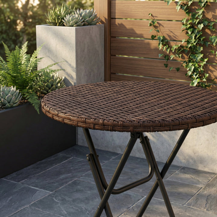 Foldable brown rattan garden round coffee table PE wicker waterproof 60x60x70cm ELEMENTIUM