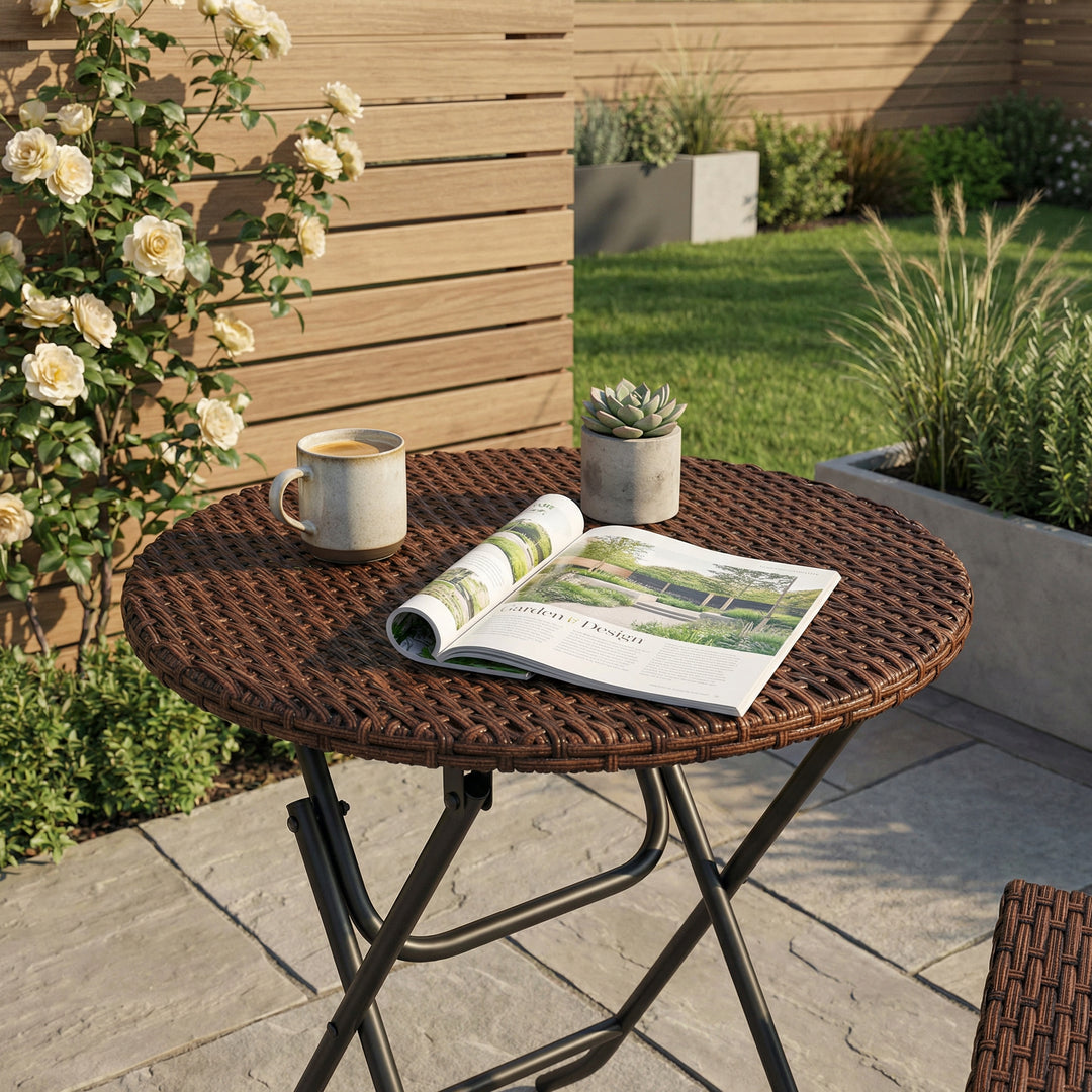 Foldable brown rattan garden round coffee table PE wicker waterproof 60x60x70cm ELEMENTIUM
