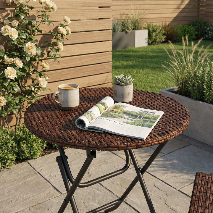 Foldable brown rattan garden round coffee table PE wicker waterproof 60x60x70cm ELEMENTIUM
