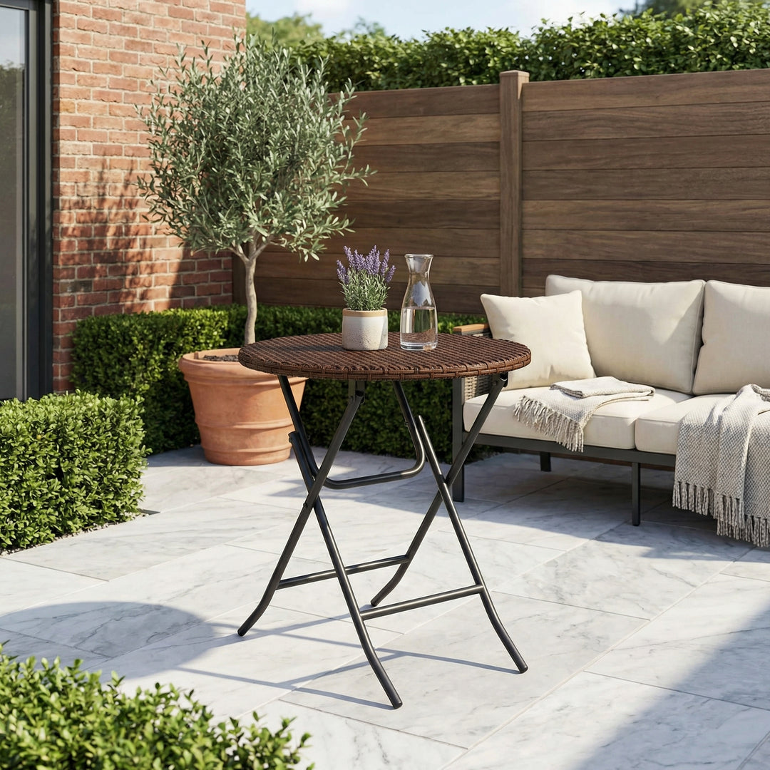 Foldable brown rattan garden round coffee table PE wicker waterproof 60x60x70cm ELEMENTIUM