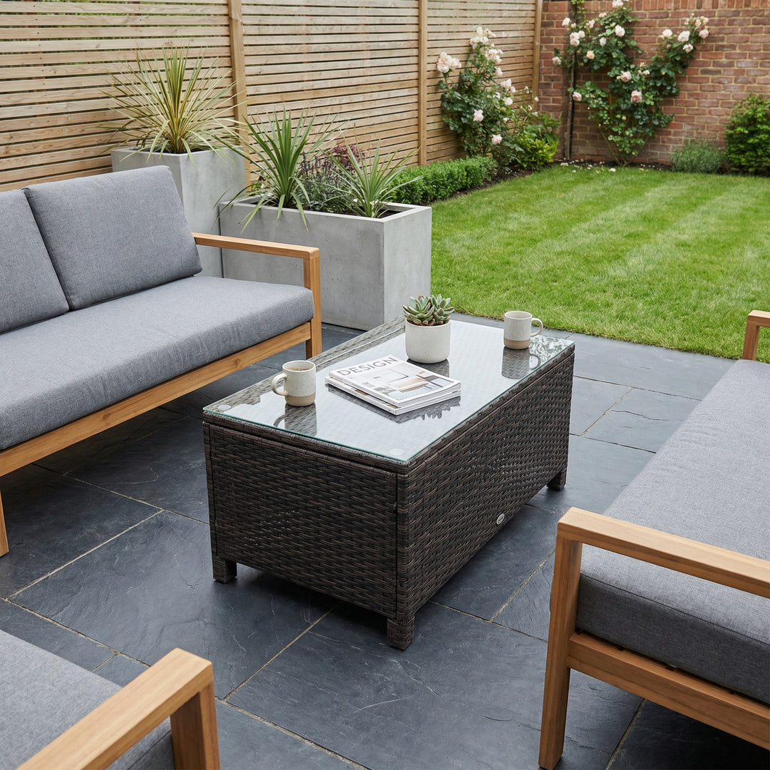 Patio PE brown rattan garden coffee table, tempered glass 85x50cm CRESTMIX