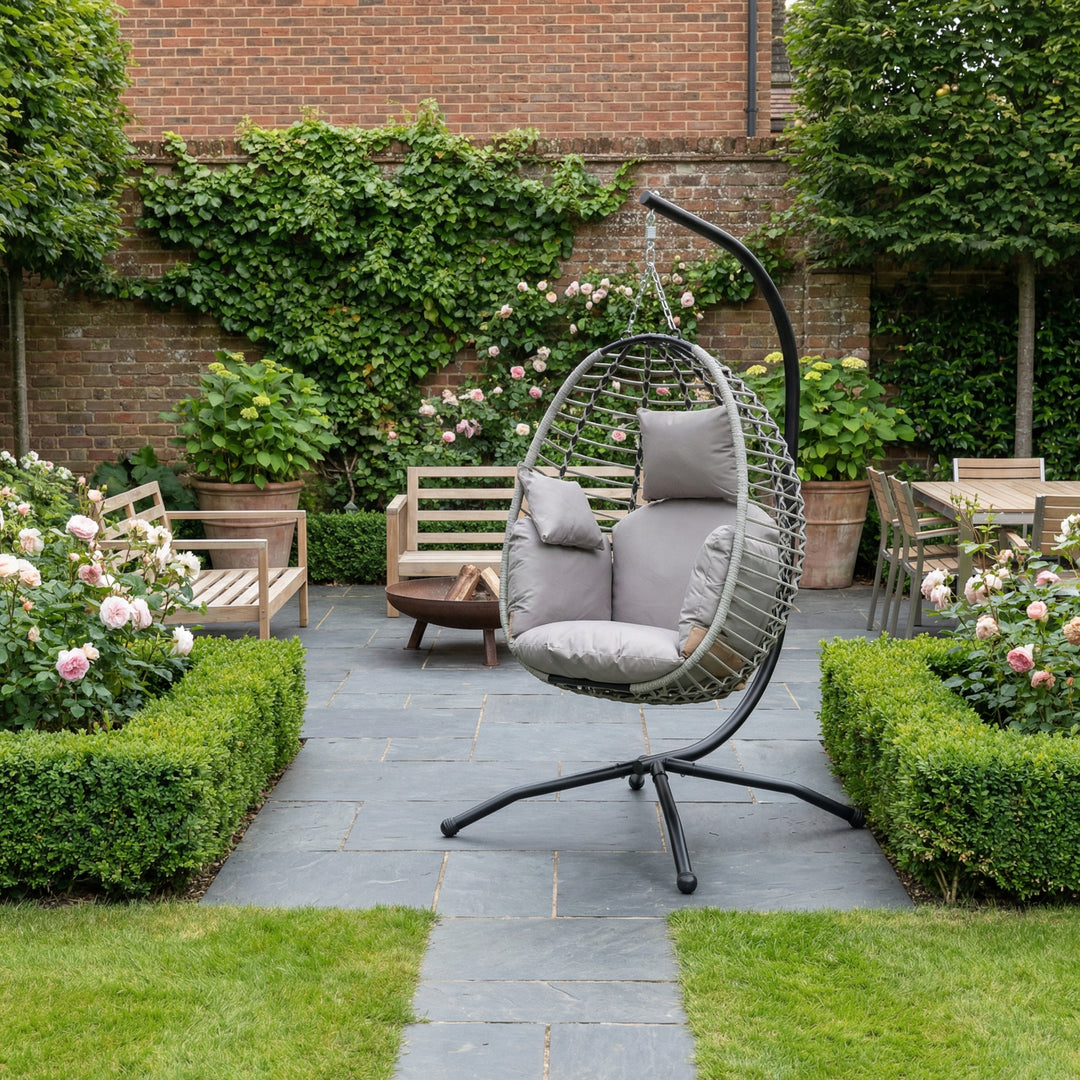 Single foldable grey rattan hanging swing egg chair with thick cushion PIXELIA