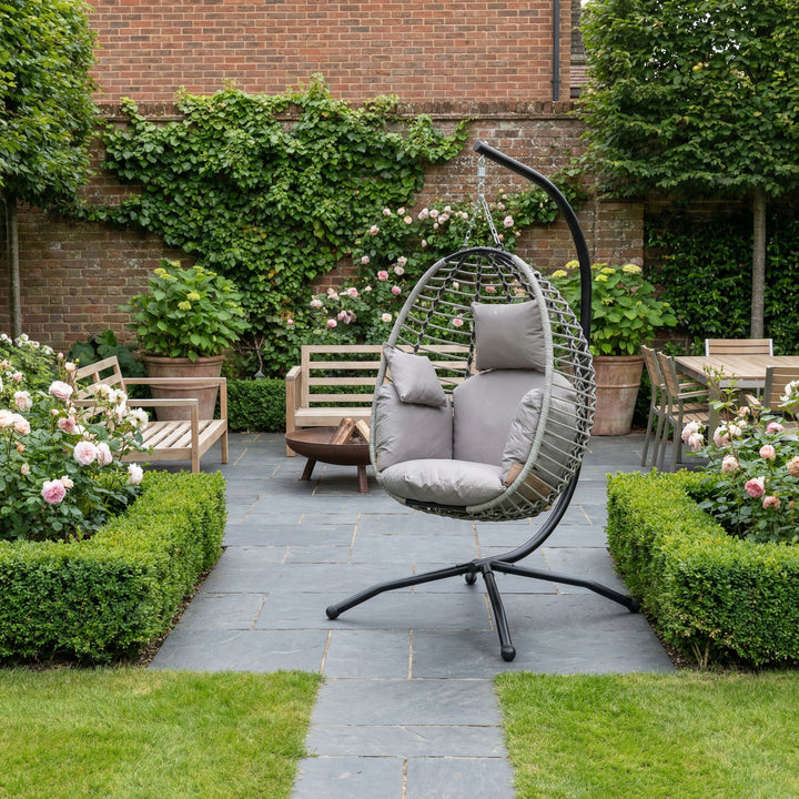 Single foldable grey rattan hanging swing egg chair with thick cushion PIXELIA