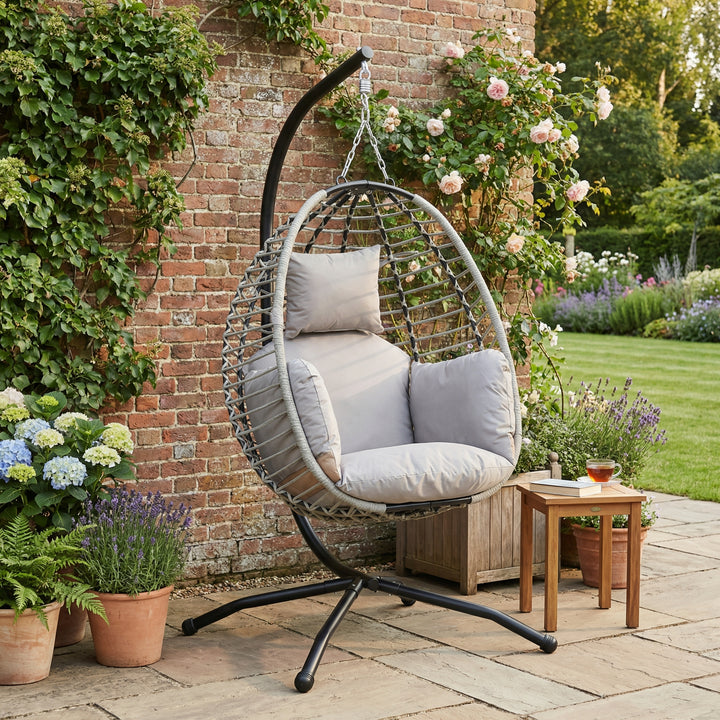 Single foldable grey rattan hanging swing egg chair with thick cushion PIXELIA