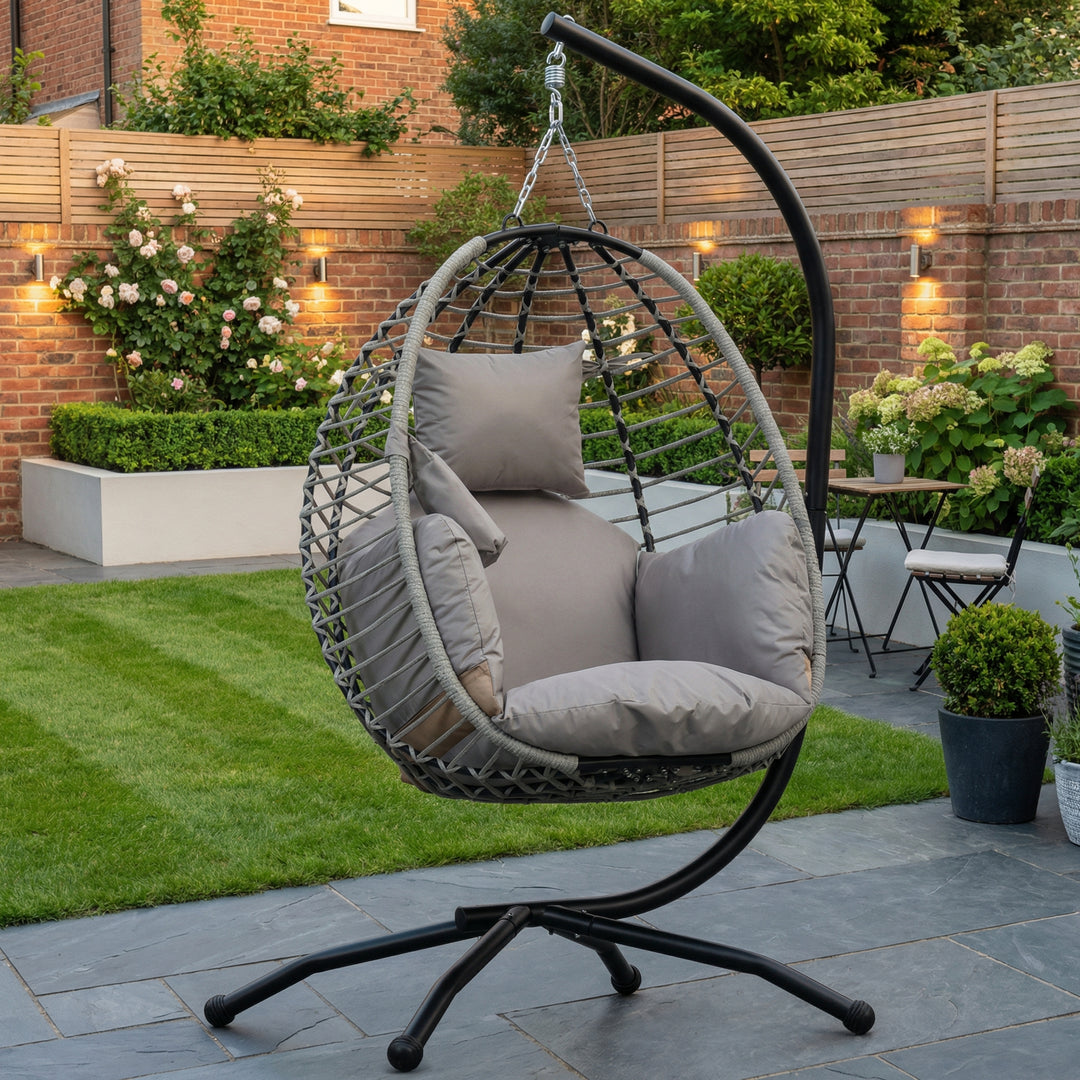 Single foldable grey rattan hanging swing egg chair with thick cushion PIXELIA
