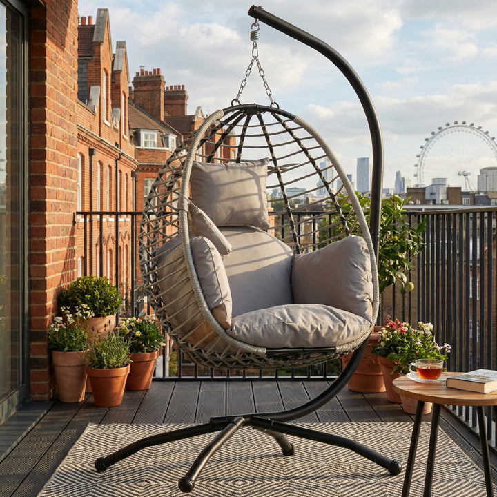 Single foldable grey rattan hanging swing egg chair with thick cushion PIXELIA