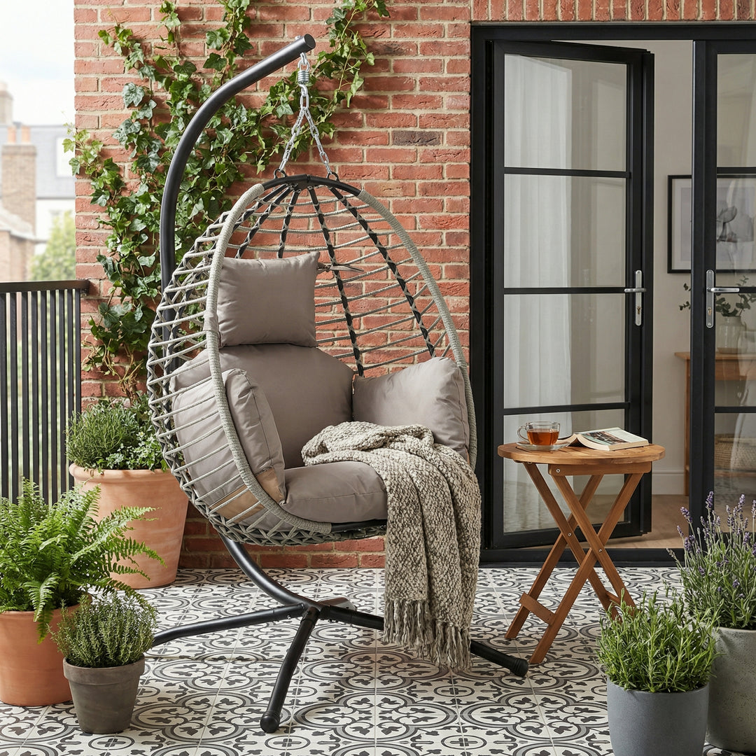Single foldable grey rattan hanging swing egg chair with thick cushion PIXELIA