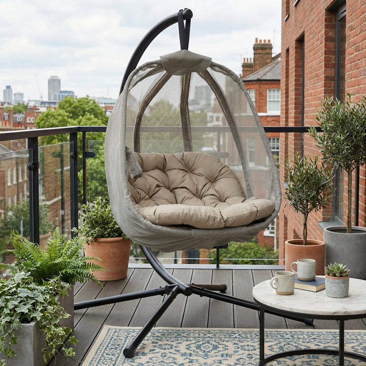 Hanging khaki swing egg chair, folding hammock, cushion & side pocket SYNERGYOCITY