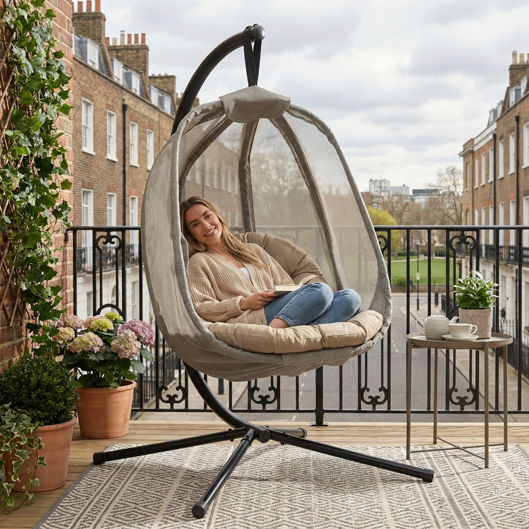 Hanging khaki swing egg chair, folding hammock, cushion & side pocket SYNERGYOCITY