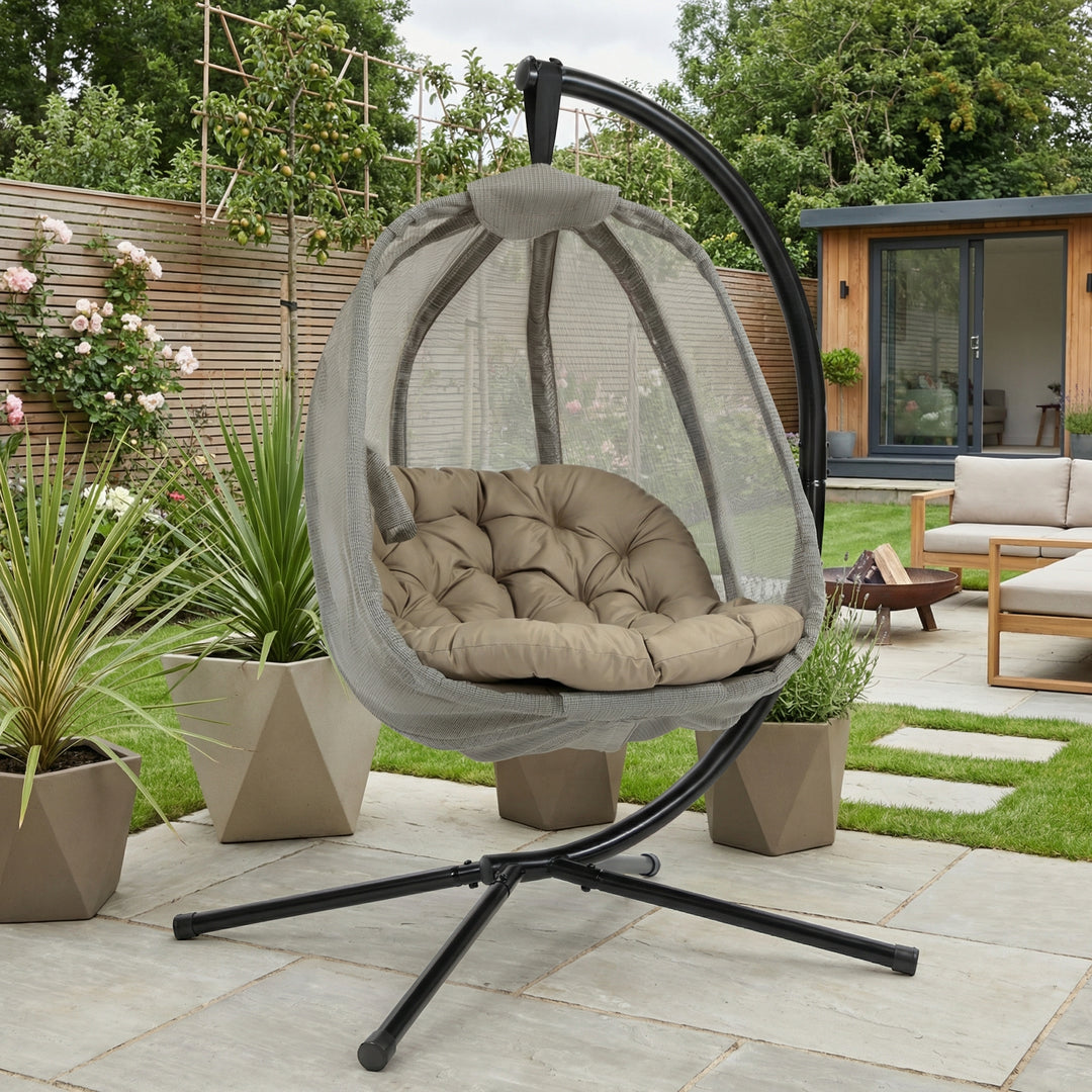 Hanging khaki swing egg chair, folding hammock, cushion & side pocket SYNERGYOCITY