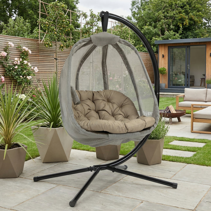 Hanging khaki swing egg chair, folding hammock, cushion & side pocket SYNERGYOCITY